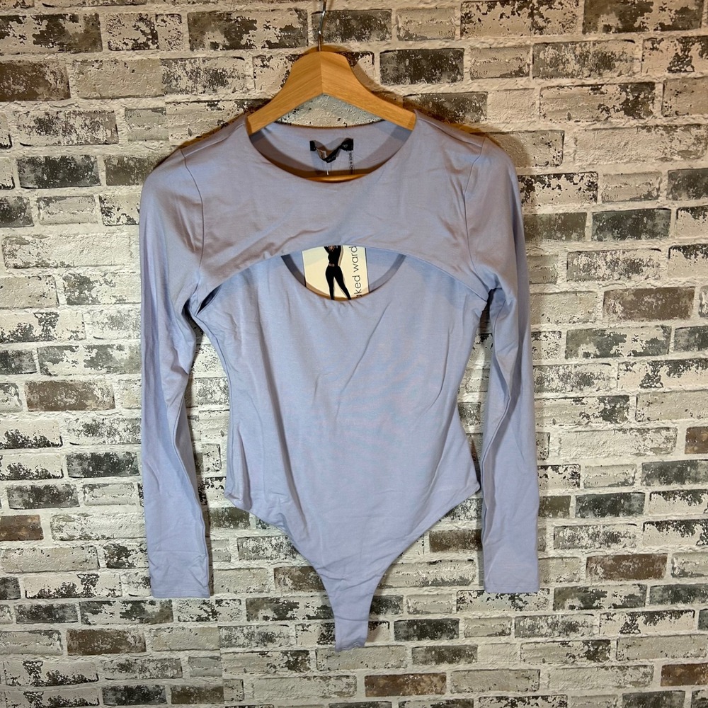 Naked Wardrobe Cutout Bodysuit Womens L Blue NEW Long Sleeve Thong NW-B0683